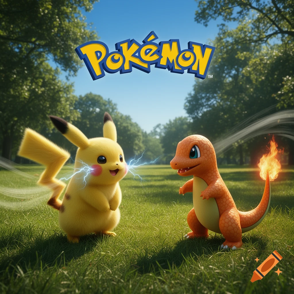 Pikachu and Charmander stand on grass in a park, Pikachu sparking electricity and Charmander's tail aflame, with the Pokemon logo overhead.