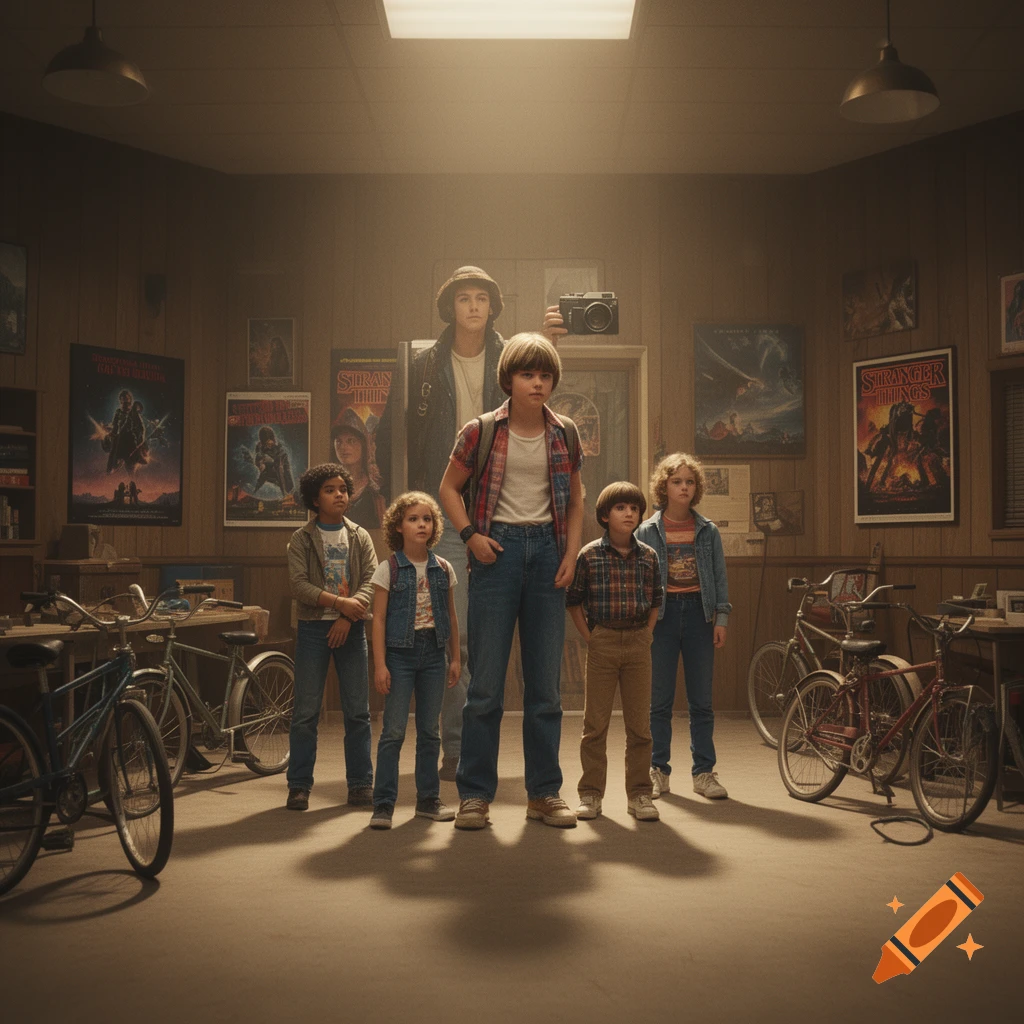 Five children, possibly characters from Stranger Things, stand in a dimly lit room filled with movie posters and bicycles.