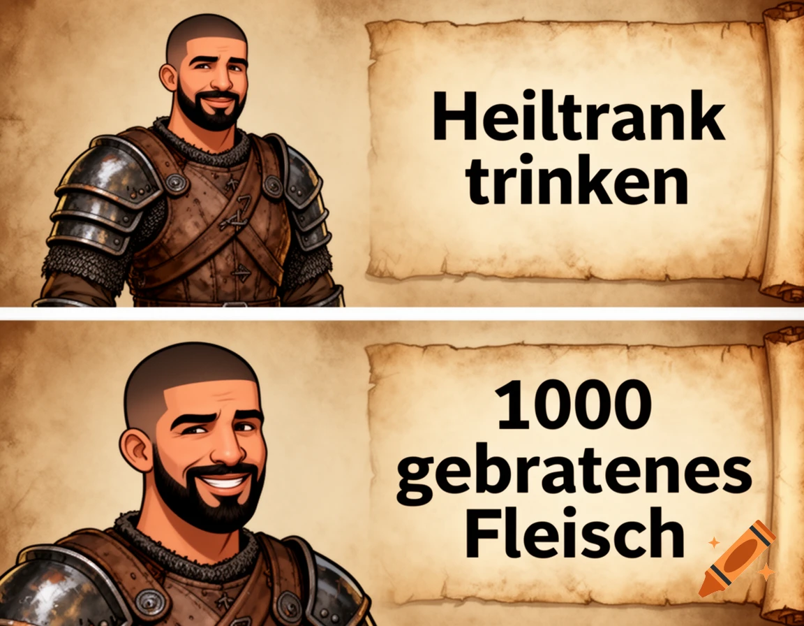 A cartoon-style image of a man resembling Drake in fantasy armor, smiling, next to two scrolls reading 'Heiltrank trinken' and '1000 gebratenes Fleisch'.