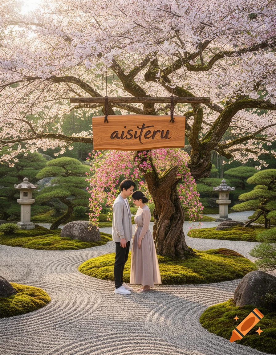 Photorealistic image of a couple standing in a serene Japanese garden under a cherry blossom tree with an 'aisiteru' sign.