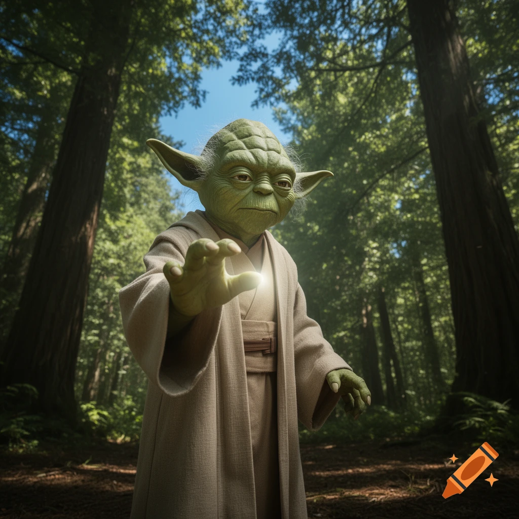 Yoda stands in a lush forest, extending his right hand with a glowing light of the Force, in a photorealistic style.