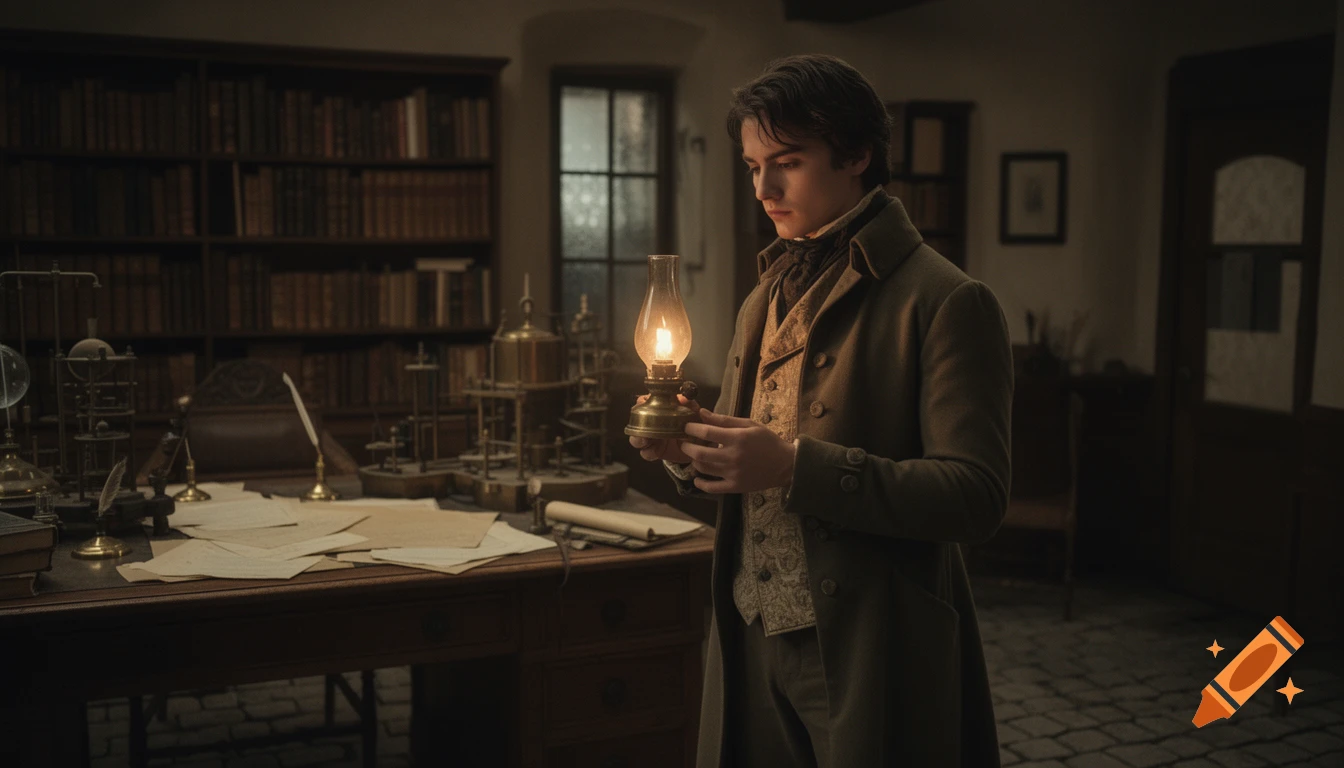 Young man in period clothes holds a lit oil lamp in a dark, book-filled study with scientific instruments.