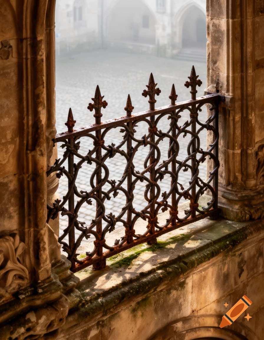 An ornate, rusty medieval-style wrought iron railing on a stone balcony overlooking a misty cobblestone courtyard with old buildings.