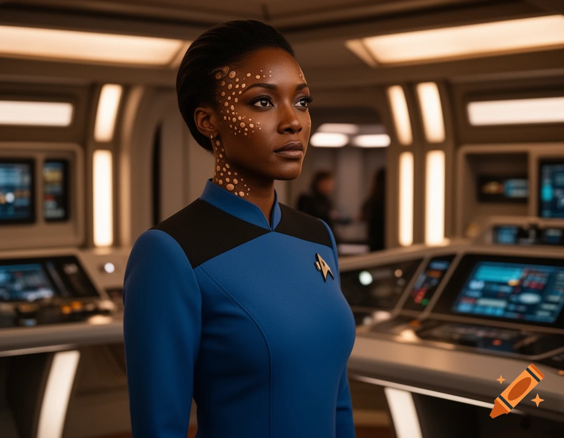 A Black woman with Trill spots wears a blue Starfleet uniform, standing on a spaceship bridge and looking determined.