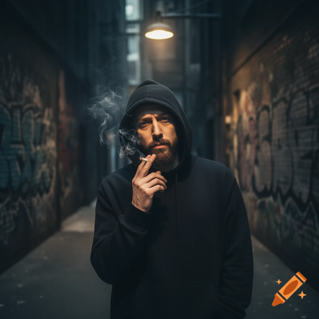 Photorealistic portrait of a bearded man in a dark hoodie smoking a cigarette in a graffiti-covered urban alley.