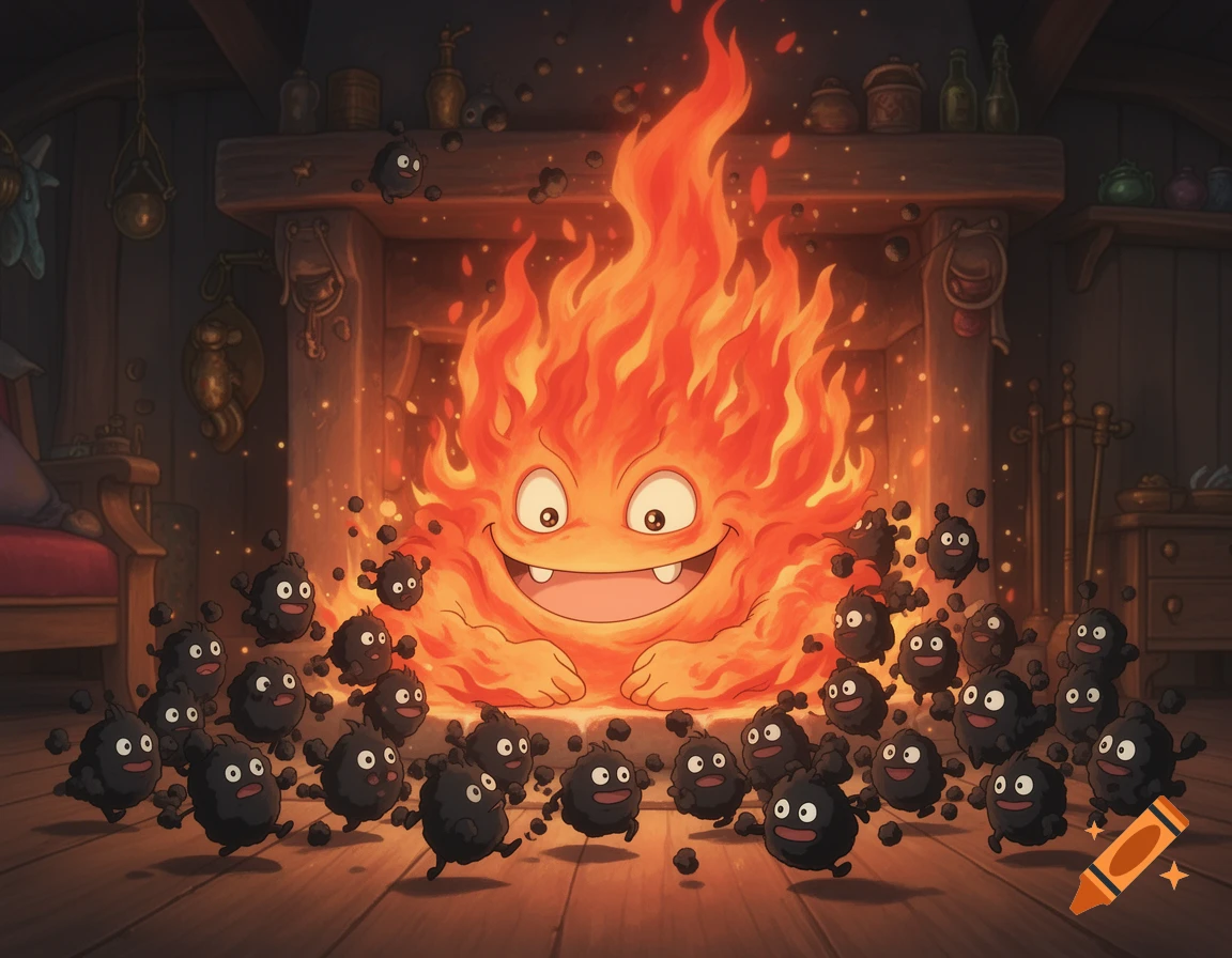 A cheerful fire spirit and many black soot sprites gather in a cozy, rustic room with a fireplace, anime style.
