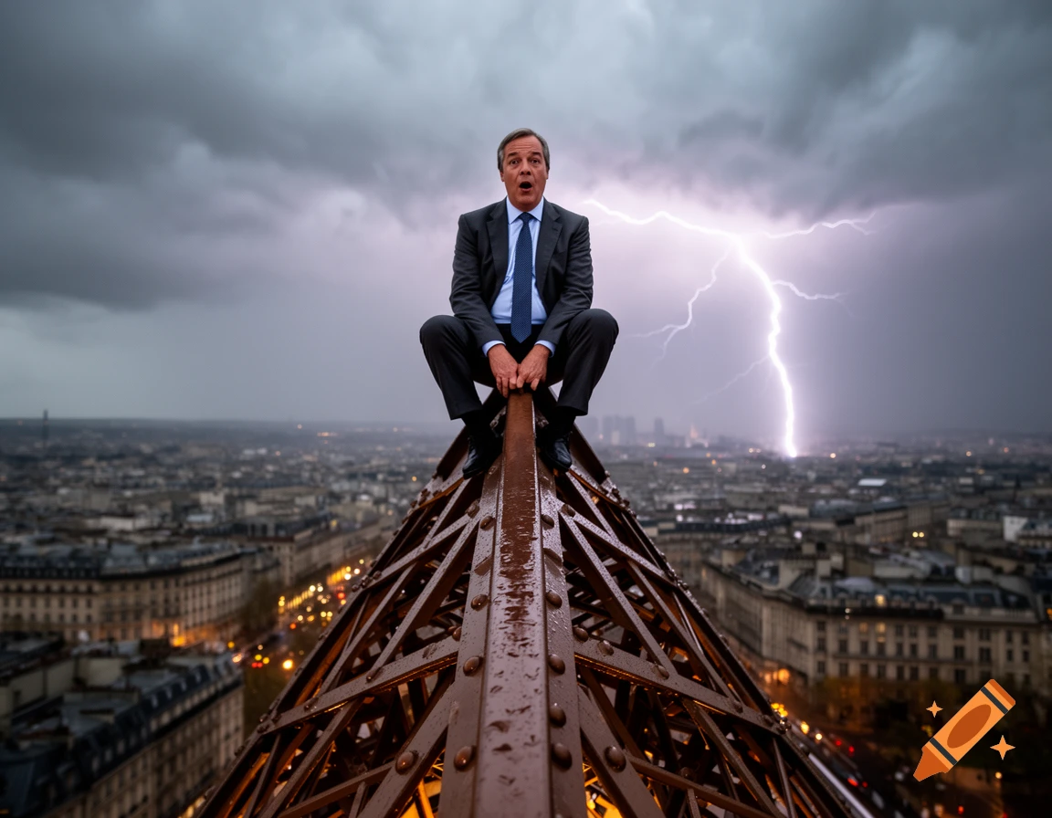 A man in a suit squats atop the Eiffel Tower during a thunderstorm, with lightning striking the city below.