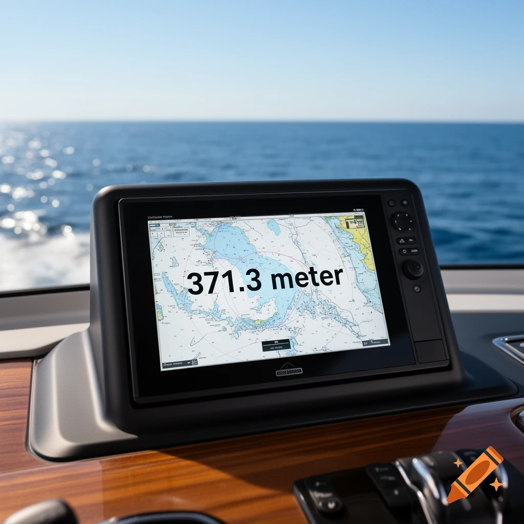 A close-up of a boat's navigation plotter screen displaying "371.3 meter" over a map, with the ocean in the background.