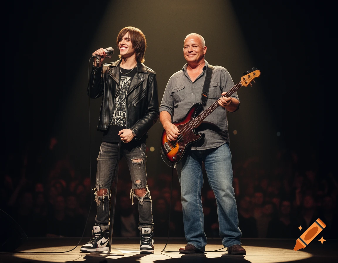 A young singer with long hair and a bassist with a shaved head perform on a dimly lit stage, both smiling.