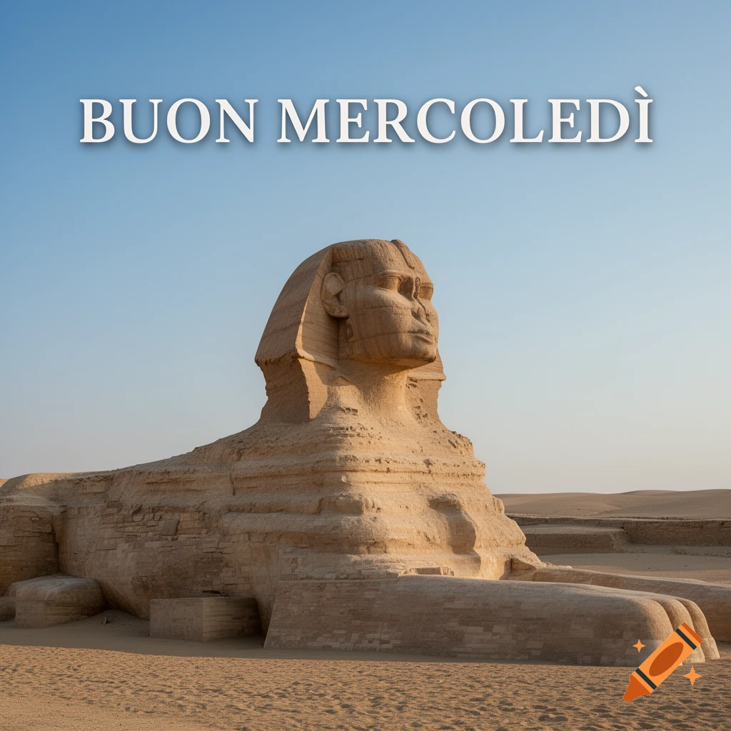 Photorealistic Great Sphinx in the desert under a blue sky, with 'BUON MERCOLEDÌ' text.