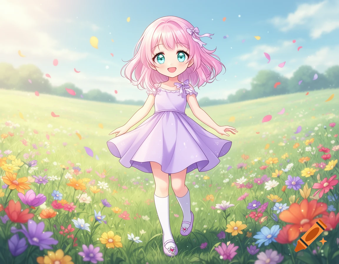 A cute anime girl with pink hair and big blue eyes, wearing a purple dress, stands smiling in a vibrant field of colorful wildflowers.