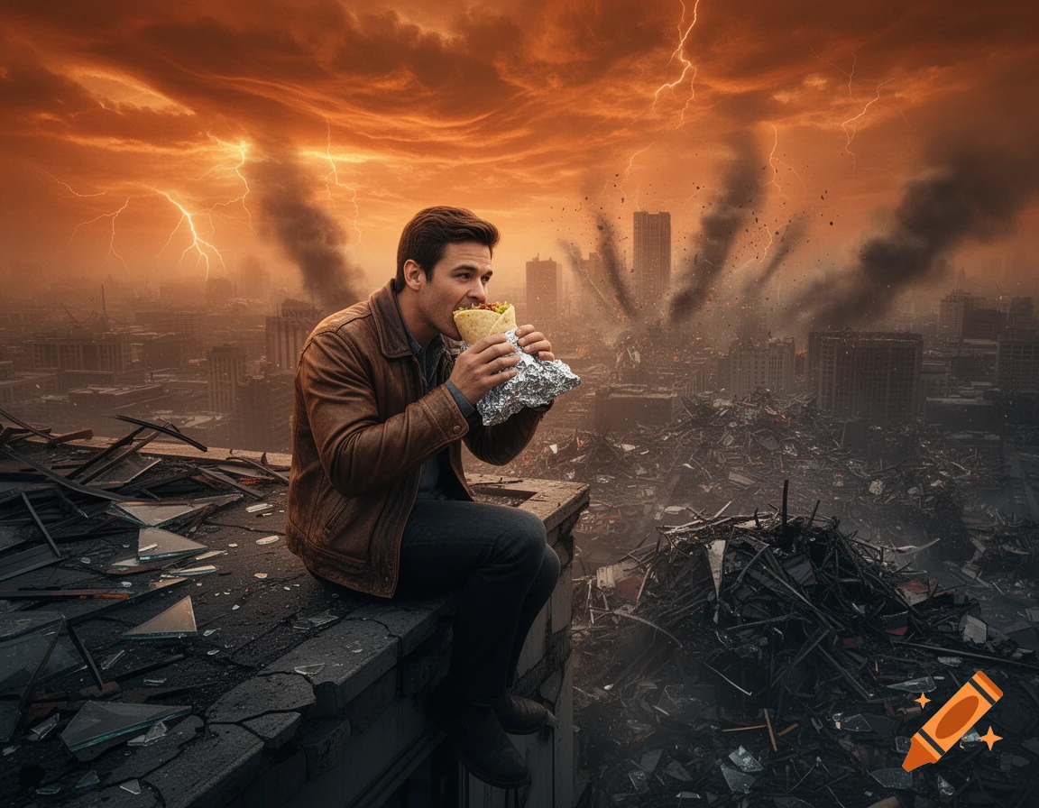 A man eats a burrito on a destroyed city rooftop as lightning strikes and smoke rises under an orange sky, photorealistic.