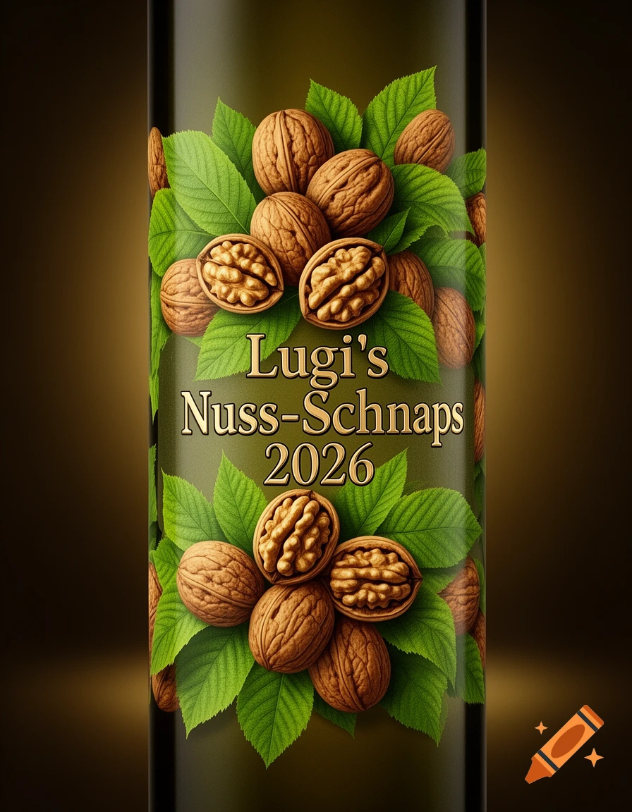 A close-up of a green bottle label featuring walnuts and leaves, with the text "Lugi's Nuss-Schnaps 2026" in the center.