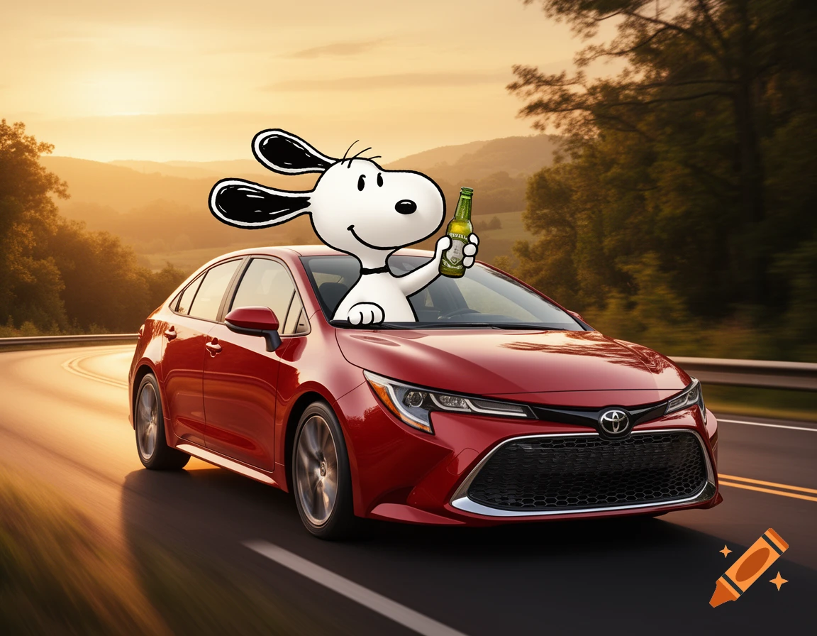 Snoopy, a white cartoon dog, pops out of the sunroof of a red Toyota Corolla, holding up a green beer bottle while driving on a winding road at sunset.