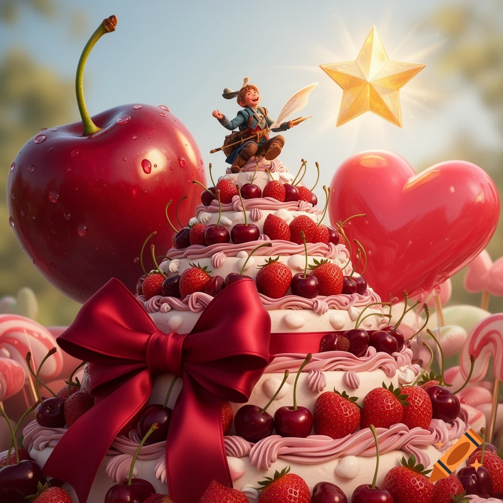 A whimsical tiered cake with strawberries, cherries, and a red bow. A character rides on top, beside a giant cherry, star, and heart.