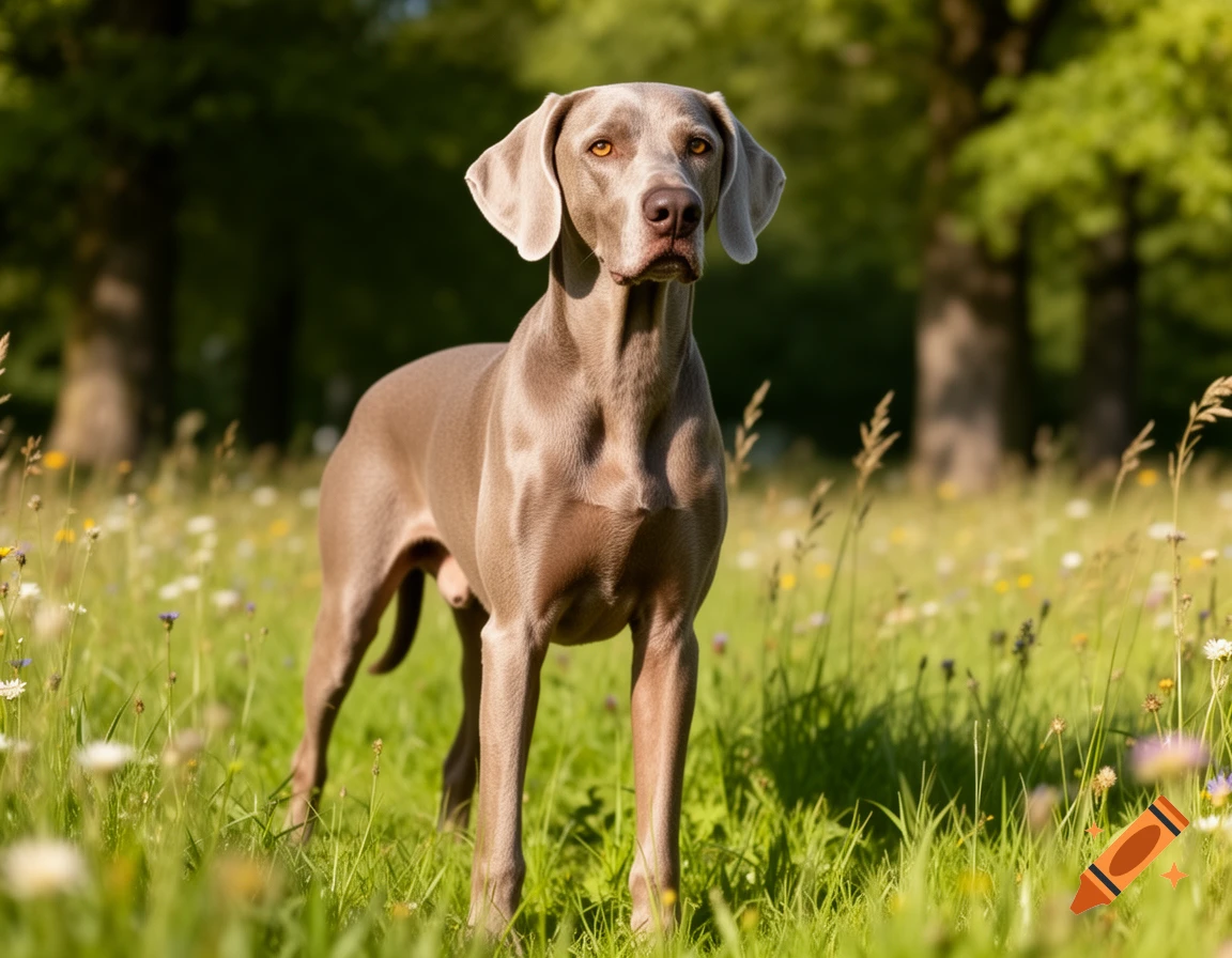 A photorealistic Weimaraner dog stands alert in a sunny green field with wildflowers and trees in the background.