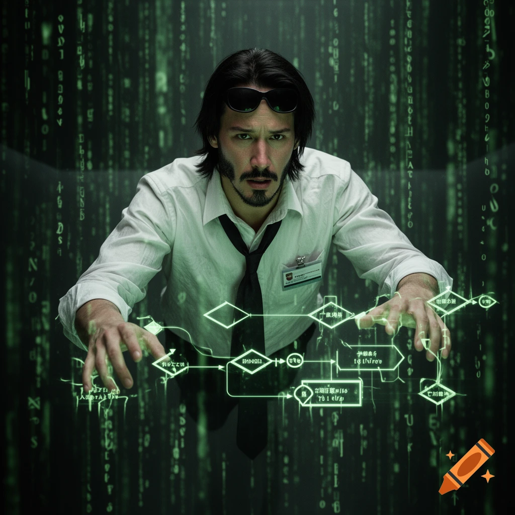 Photorealistic Keanu Reeves as Neo with sunglasses on his forehead, wearing a white shirt and loose tie, manipulating a glowing green process flowchart in a digital space filled with Matrix code.