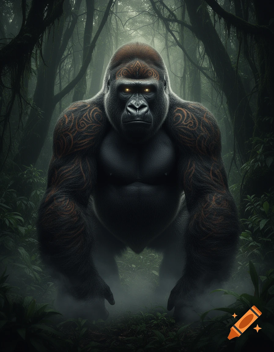 A powerful gorilla with glowing yellow eyes and orange tribal patterns on its fur stands in a misty, dark jungle.