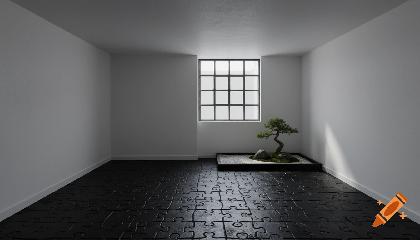 A minimalist room with white walls, a barred window, a bonsai tree, and a black puzzle-piece floor.