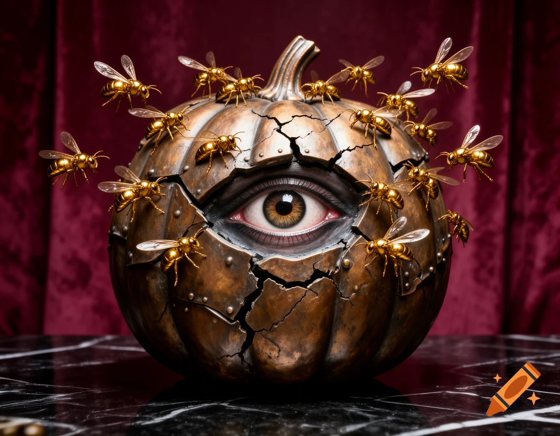 A hyperrealistic surreal image of a metallic bronze pumpkin with cracks, revealing a human eye. Golden wasps swarm around it.