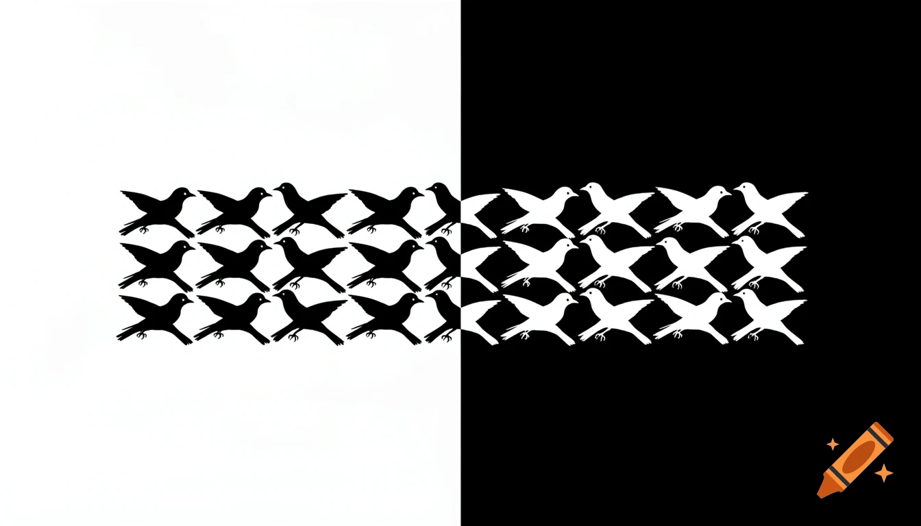 Escher-style pattern of black birds on a white background interlocking with white birds on a black background.