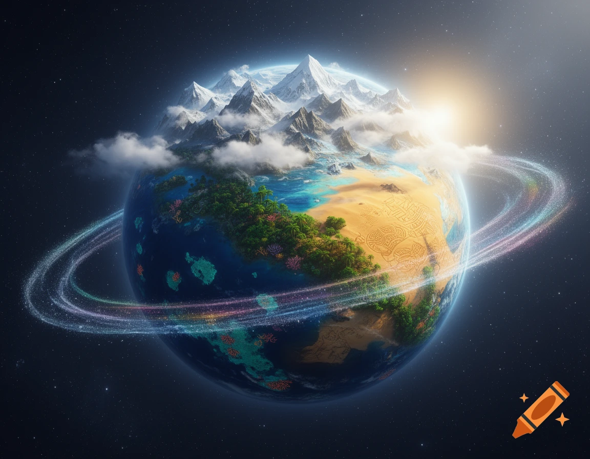 A vibrant fantasy planet in space with snowy peaks, lush forests, deserts, and blue oceans, encircled by a glowing ethereal ring.