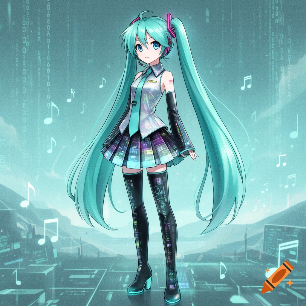 An anime character with long turquoise pigtails, headphones, and a digital-patterned outfit stands in a futuristic, binary code-filled landscape.