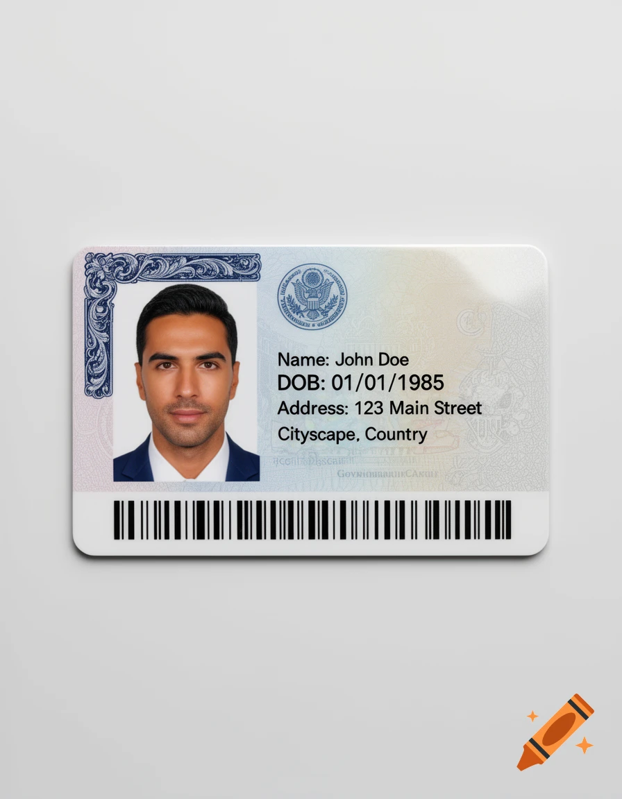 A realistic government ID card for 'John Doe' showing his photo, date of birth, and address, with a barcode at the bottom.