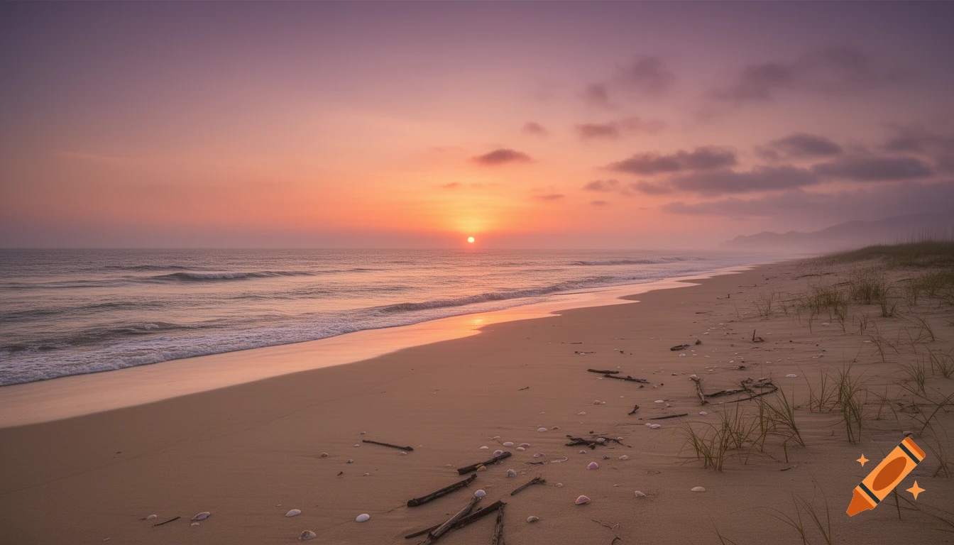 A vibrant orange and purple sunset over a deserted sandy beach with gentle waves and scattered driftwood, photorealistic.