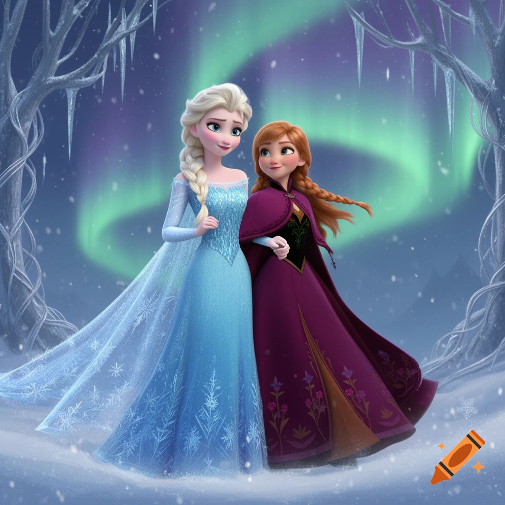 Animated Elsa and Anna stand together in a snowy forest under vibrant green Northern Lights.