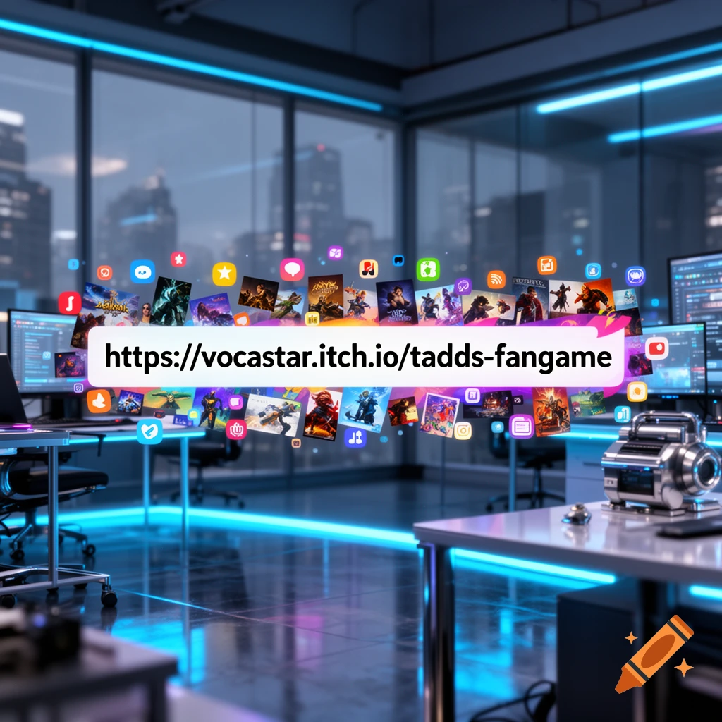 A futuristic office with glowing blue accents and a URL surrounded by game icons floating above desks.