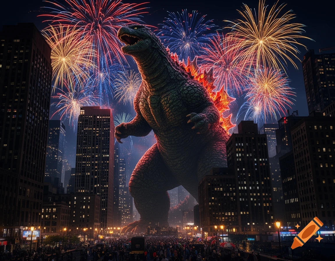 Giant Godzilla roars in a city skyline at night, surrounded by colorful fireworks and a large crowd.