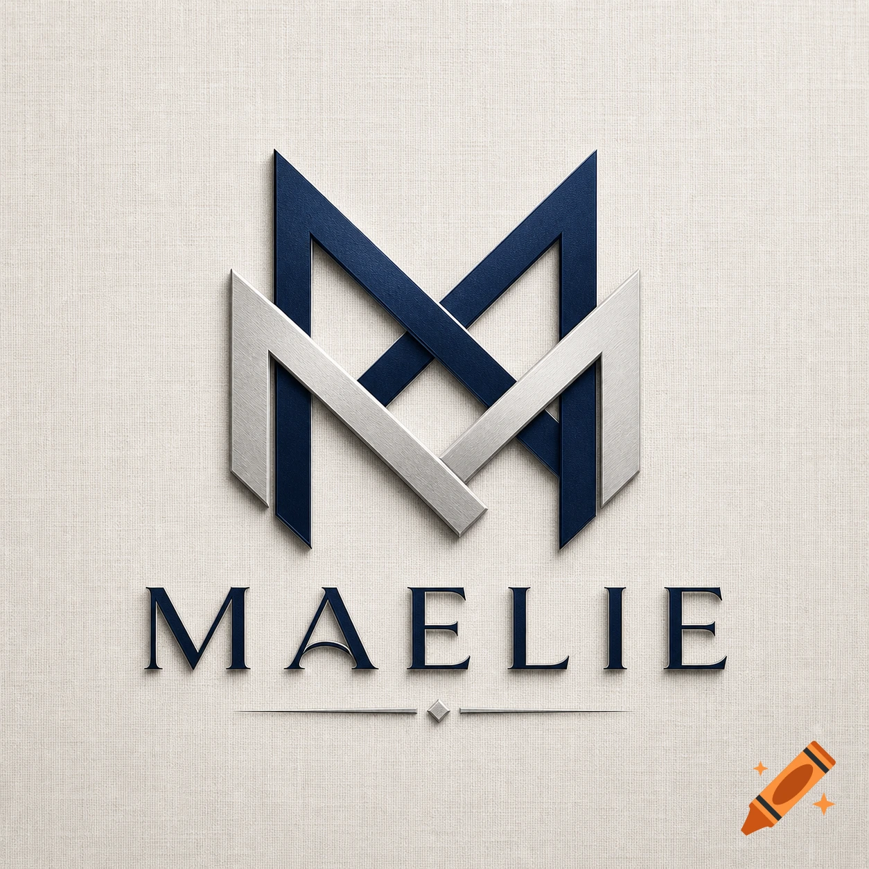 A sophisticated logo featuring interlocking navy blue and silver 'M' letters above the name 'MAELIE' on a textured cream background.