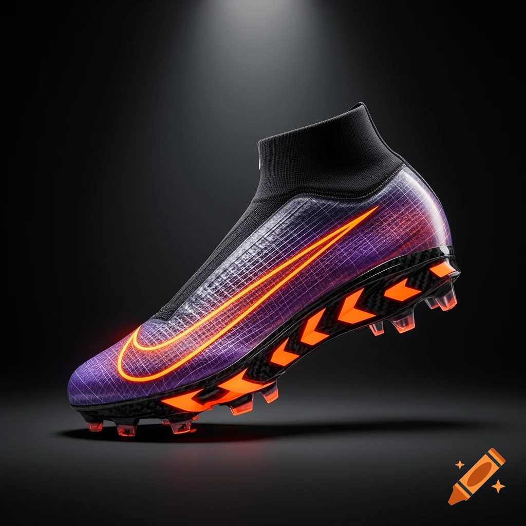 A futuristic purple and black Nike soccer cleat features glowing orange lines and studs, highlighted against a dark background.
