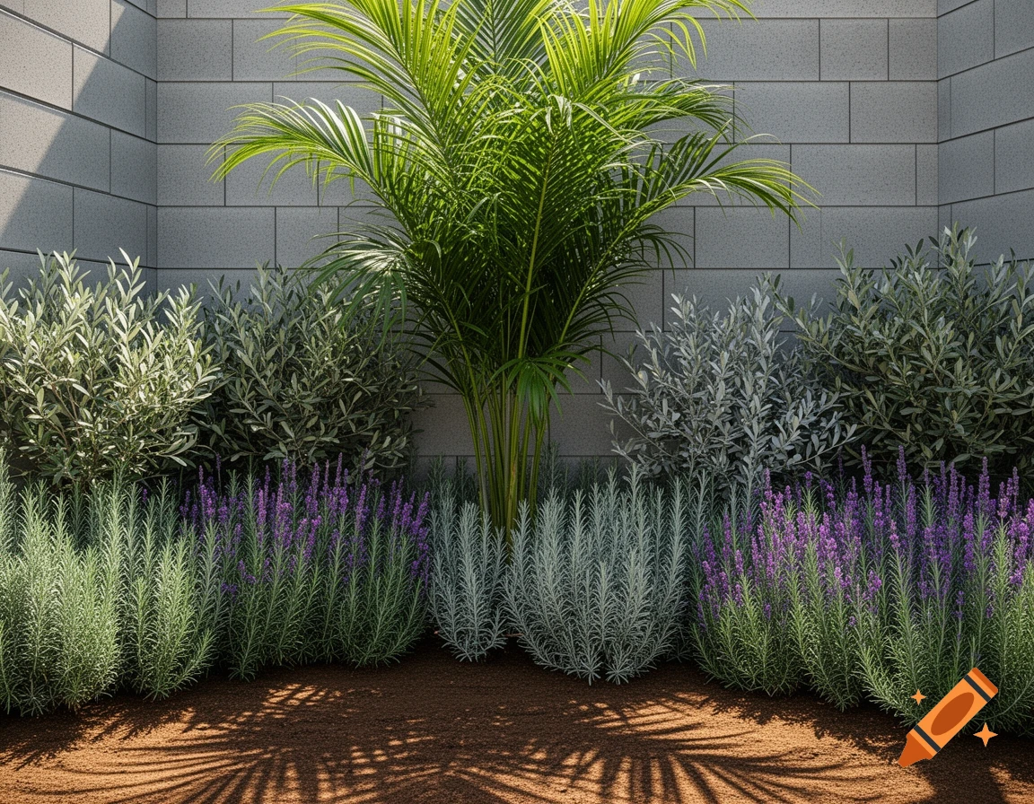 Photorealistic image of a block wall planter with an areca palm, dwarf olive bushes, rosemary, lavender, and silver sage.