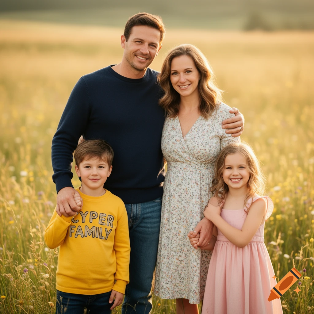 A smiling family of four, including parents and two children, stands in a sunlit field with tall grass and wildflowers.
