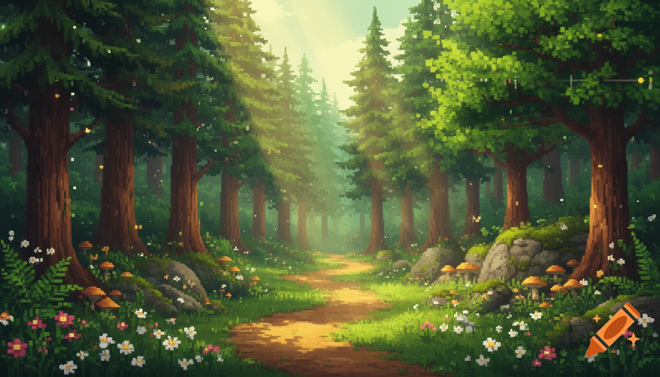 A serene pixel art forest landscape with a winding path, towering trees, wildflowers, mushrooms, and dappled sunlight filtering through the canopy.