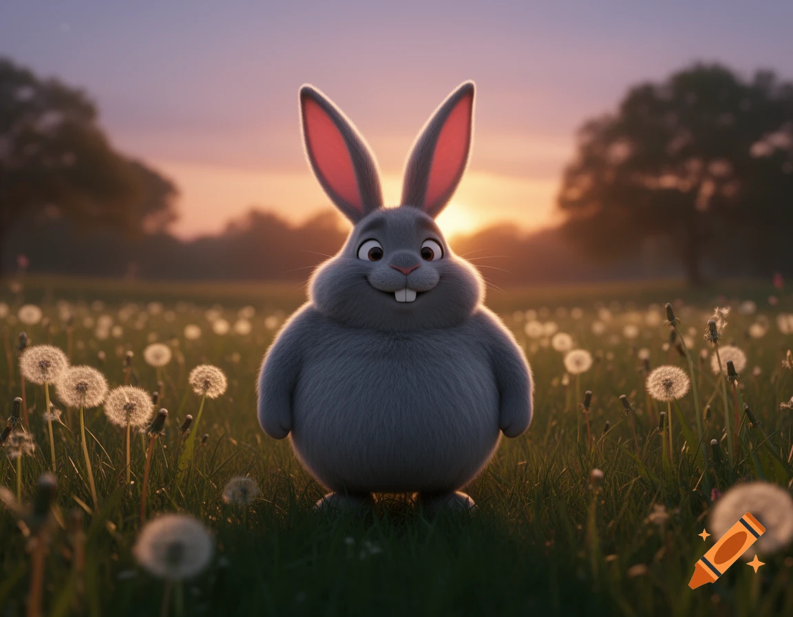 A plump gray cartoon rabbit with pink ears stands smiling in a dandelion field at sunset, rendered in a realistic animation style.