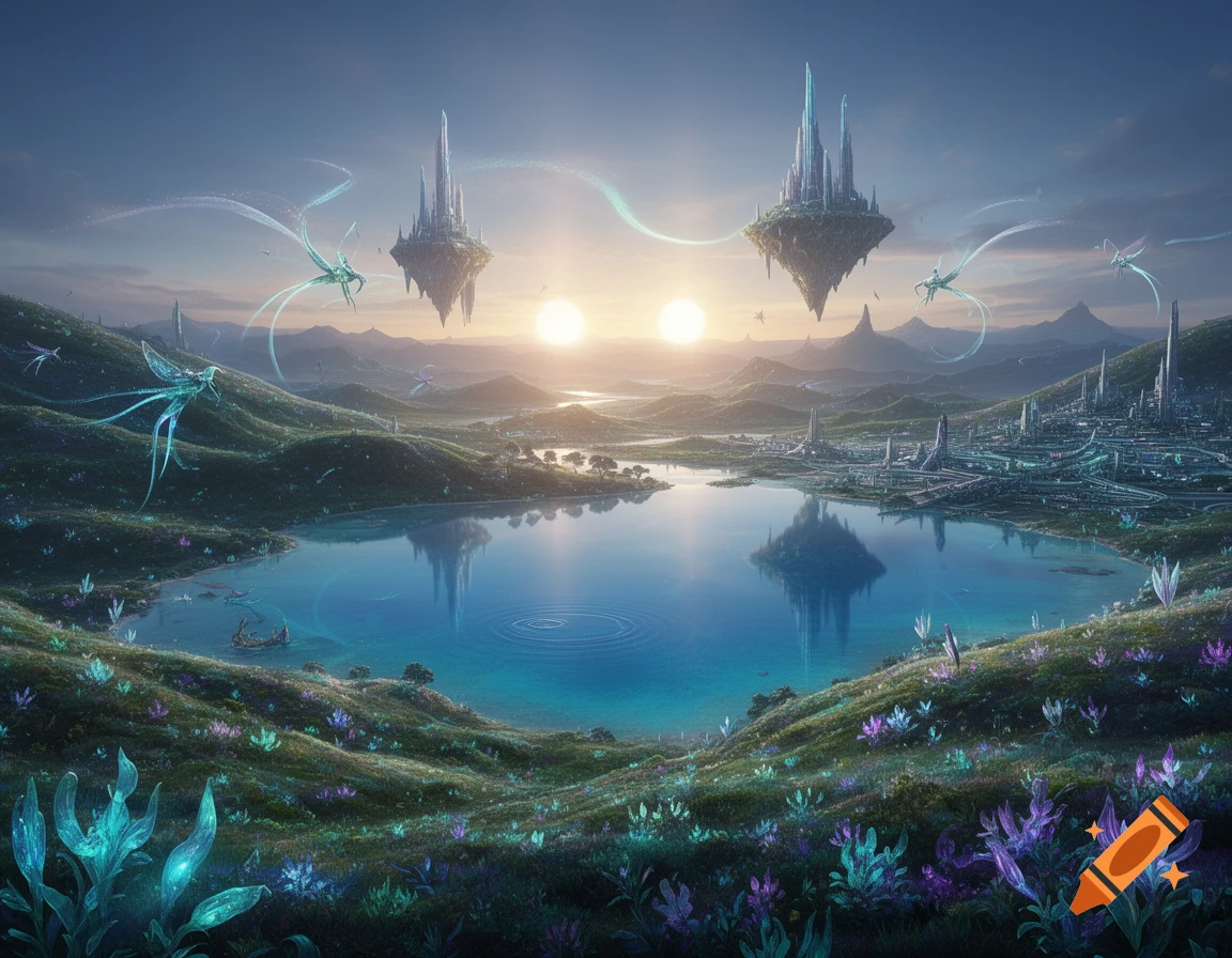 A vibrant fantastical landscape with two floating islands, a reflective lake, glowing plants, and two suns setting over distant mountains.