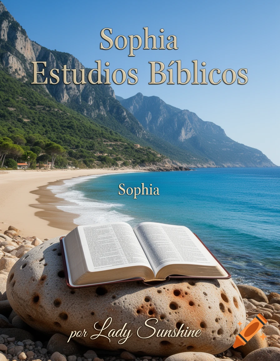 A photorealistic book cover design featuring an open Bible on a large, textured rock on a sandy beach. Mountains covered in green trees rise from the coastline in the background, under a clear blue sky. Text on the cover reads "Sophia Estudios Bíblicos" and "por Lady Sunshine".