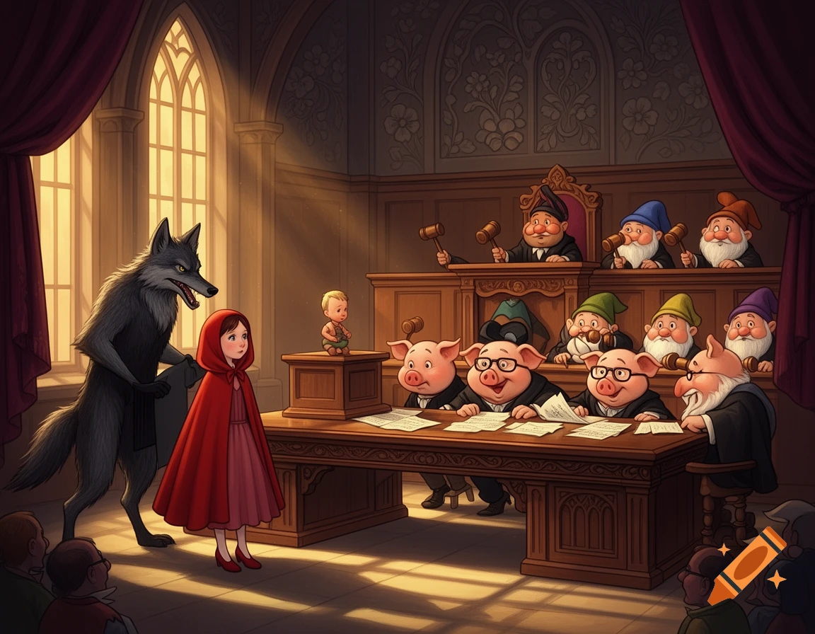 A whimsical courtroom scene with Little Red Riding Hood, the Big Bad Wolf, three suited pigs, seven dwarf judges, and a baby witness.