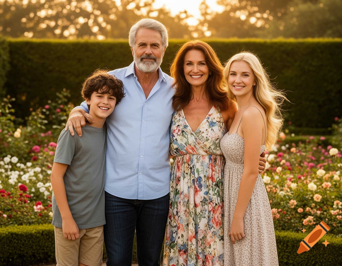 A smiling family, including a man, woman, teenage boy, and blonde teenage girl, poses in a sunlit rose garden.