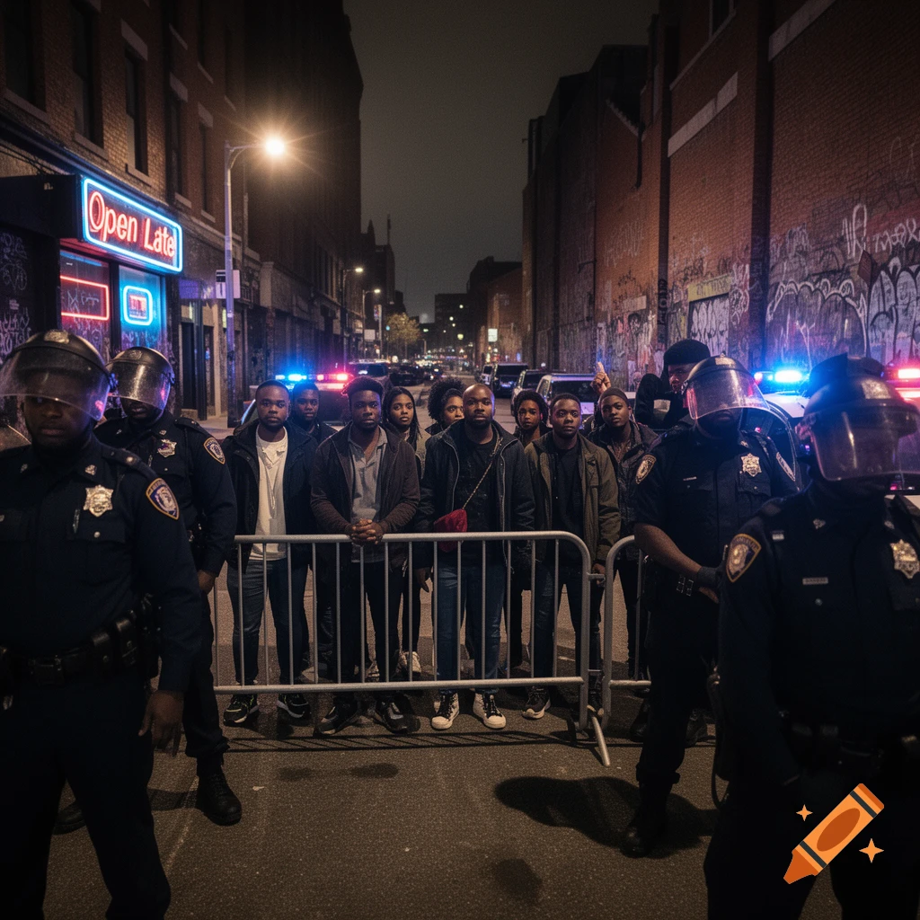 Photorealistic night scene of police officers facing Black civilians behind a barrier on a dimly lit urban street with a 'Open Late' sign.