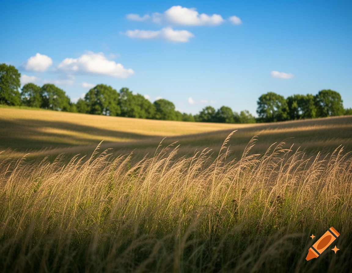 Photorealistic image of a golden field with tall grass, rolling hills, green trees, and a blue sky with white clouds.