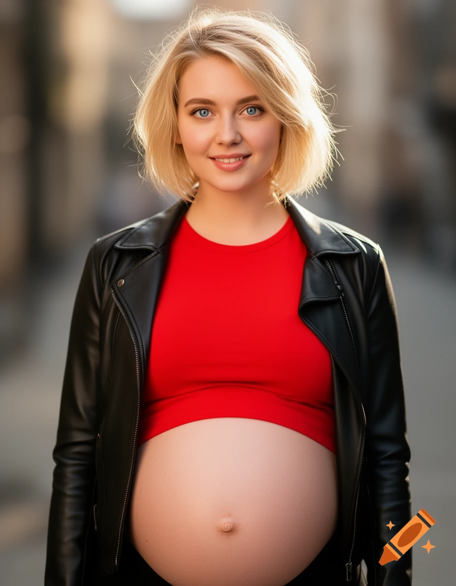 Smiling pregnant woman with short blonde hair and blue eyes, in a black leather jacket and red crop top, revealing her bare belly outdoors.