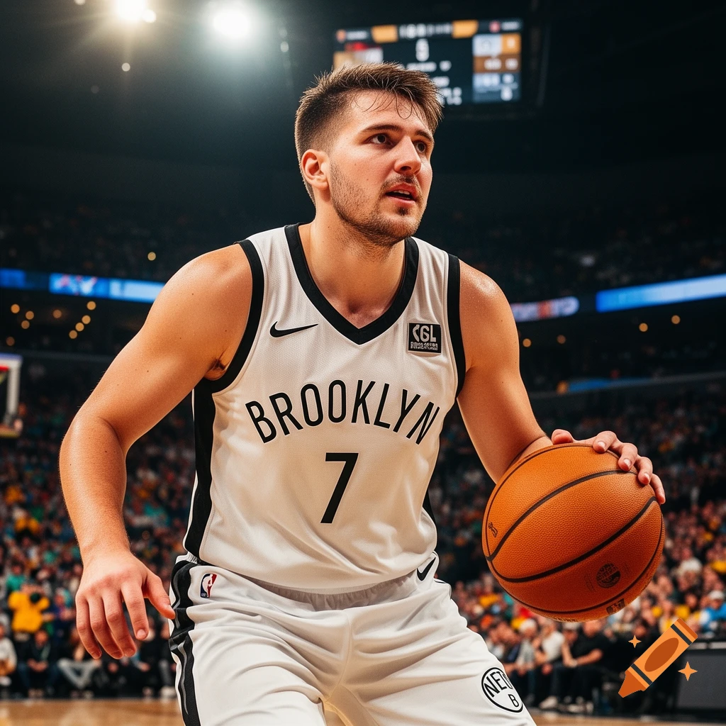 Luka Dončić in a white Brooklyn Nets jersey with number 7, dribbling a basketball on court during a game.