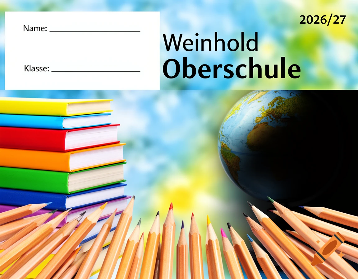 School planner cover with a stack of colorful books, pencils, a globe, and text fields for Name and Klasse, and 'Weinhold Oberschule 2026/27'.