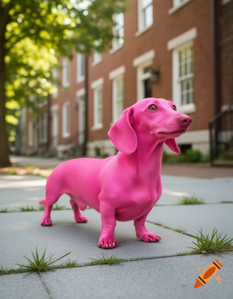 A bright pink dachshund stands on a grey sidewalk with green grass tufts, with blurred brick buildings and trees in the background.