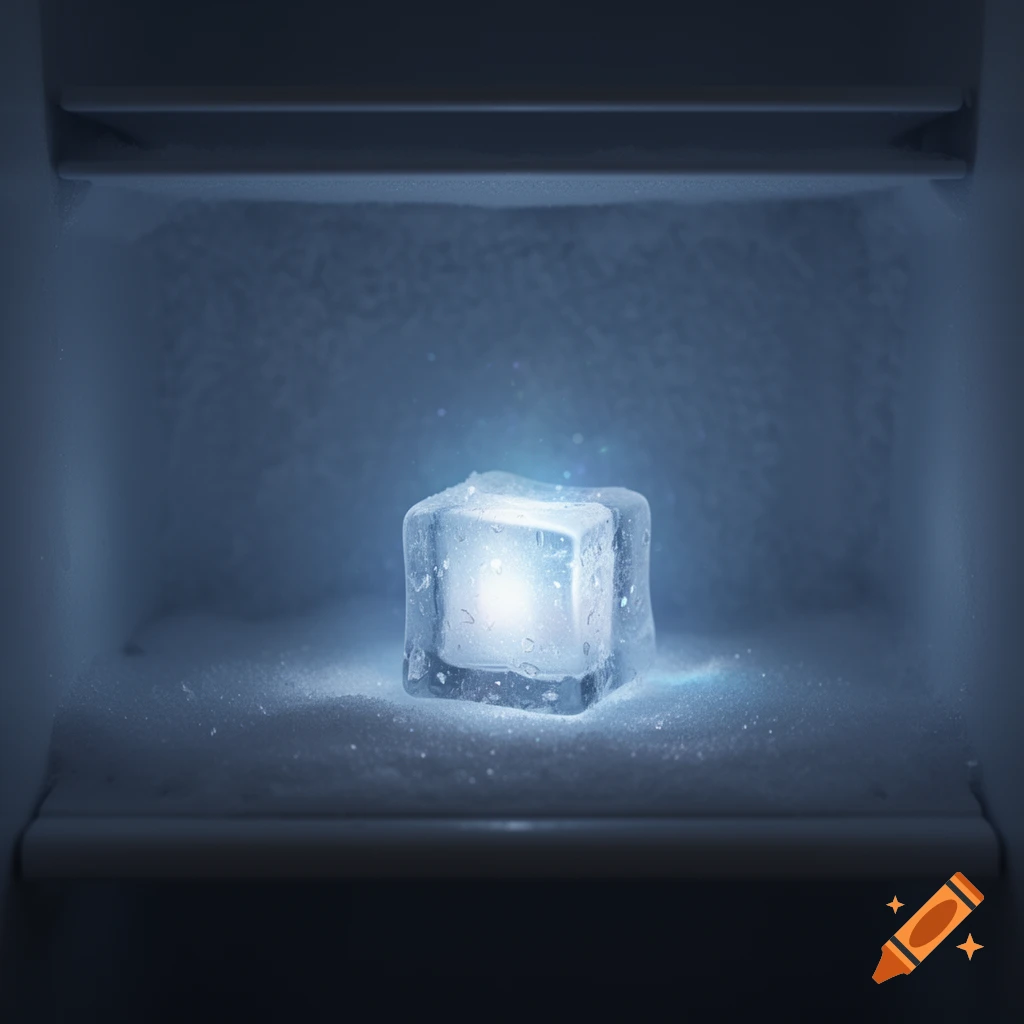 A glowing ice cube sits on a frosty shelf inside a dark freezer, emanating a bright blue light.