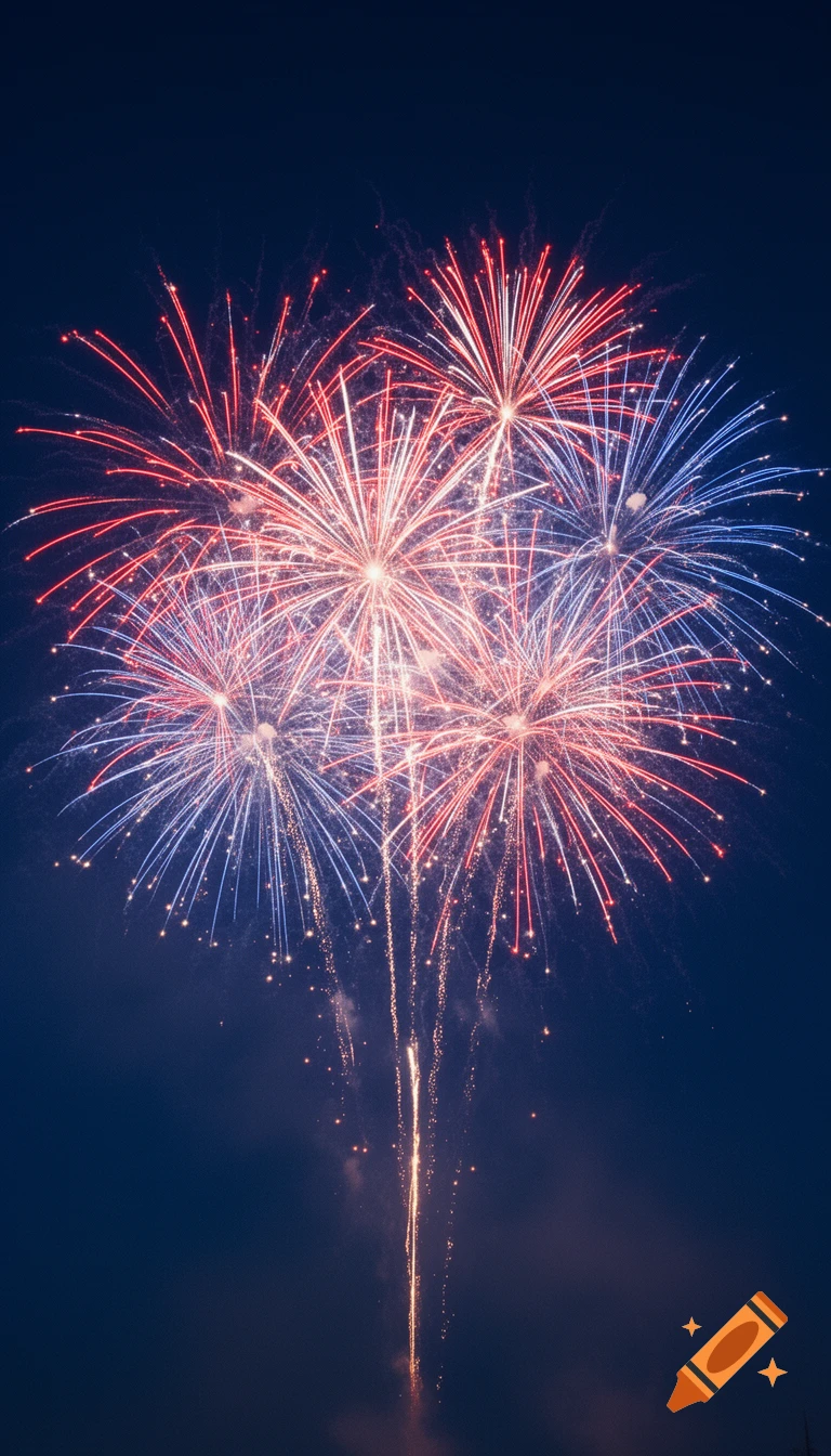 Brilliant red, white, and blue fireworks explode against a deep midnight-blue sky.